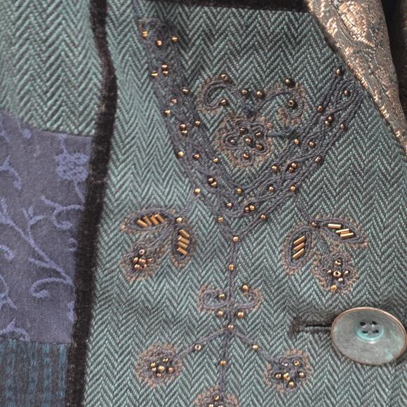 Coldwater Creek Embroidered Patchwork Blazer Jacket Womens P8 Blue Teal Metalic - Picture 7 of 14